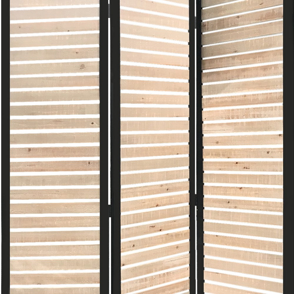 Metal Framed 3 Panel Screen with Wooden Horizontal Inset, Black & White - BM205867