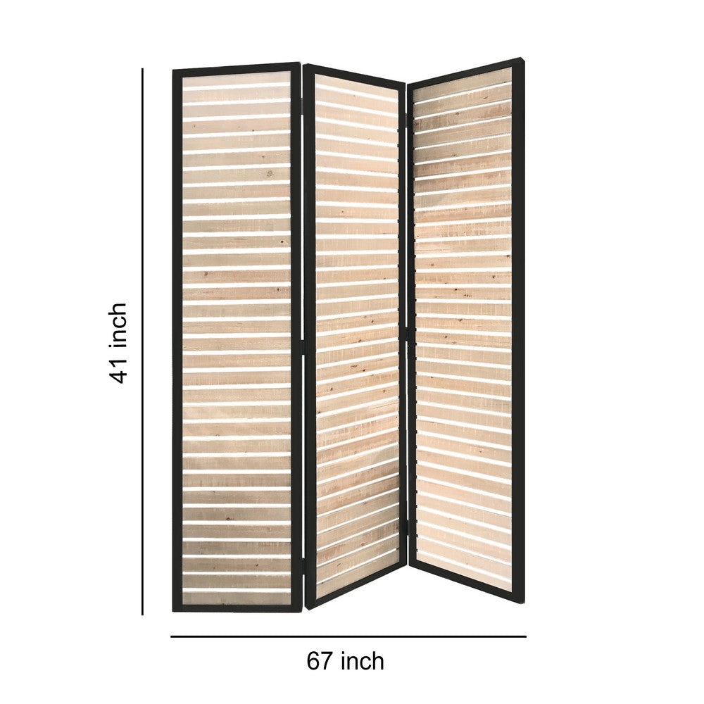 Metal Framed 3 Panel Screen with Wooden Horizontal Inset, Black & White - BM205867