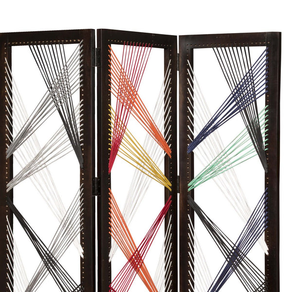 Contemporary 3 Panel Wooden Screen with Woven String Design, Multicolor - BM205868