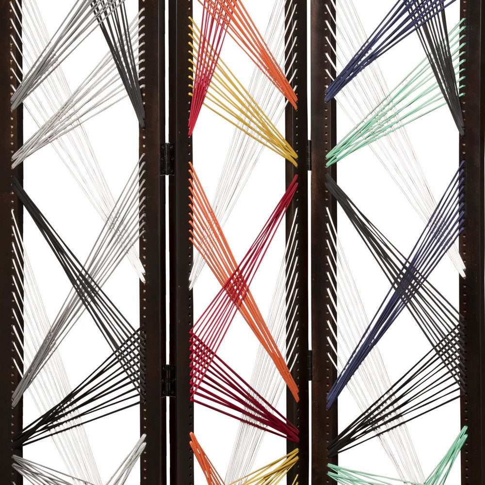 Contemporary 3 Panel Wooden Screen with Woven String Design, Multicolor - BM205868