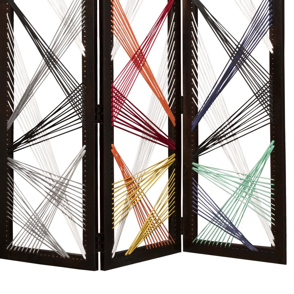 Contemporary 3 Panel Wooden Screen with Woven String Design, Multicolor - BM205868
