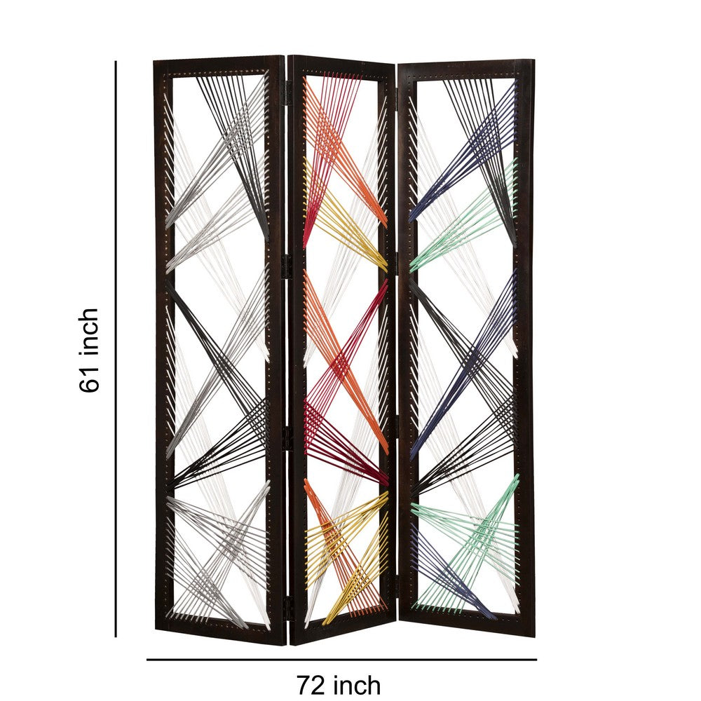 Contemporary 3 Panel Wooden Screen with Woven String Design, Multicolor - BM205868