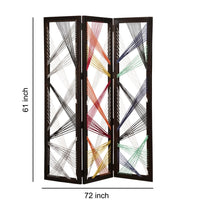 Contemporary 3 Panel Wooden Screen with Woven String Design, Multicolor - BM205868