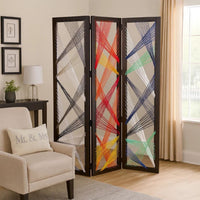 Contemporary 3 Panel Wooden Screen with Woven String Design, Multicolor - BM205868
