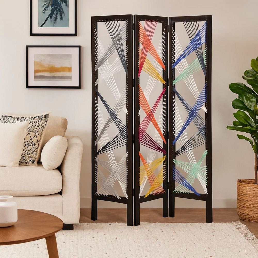 Contemporary 3 Panel Wooden Screen with Woven String Design, Multicolor - BM205868