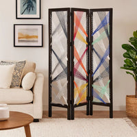 Contemporary 3 Panel Wooden Screen with Woven String Design, Multicolor - BM205868