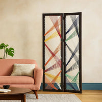 Contemporary 3 Panel Wooden Screen with Woven String Design, Multicolor - BM205868
