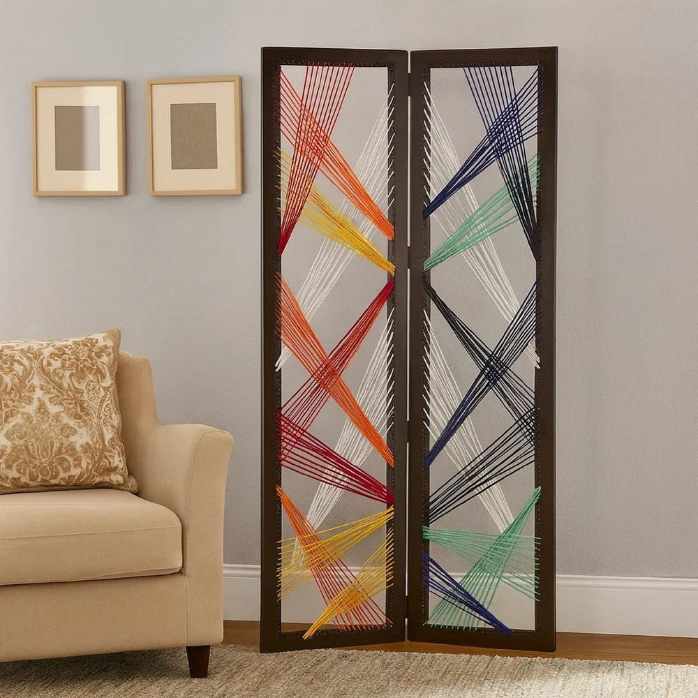 Contemporary 3 Panel Wooden Screen with Woven String Design, Multicolor - BM205868