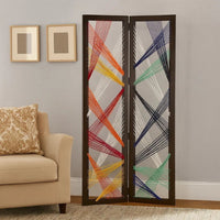 Contemporary 3 Panel Wooden Screen with Woven String Design, Multicolor - BM205868