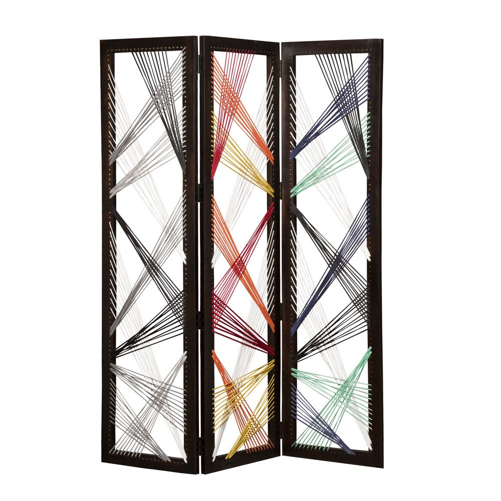 Contemporary 3 Panel Wooden Screen with Woven String Design, Multicolor - BM205868