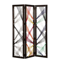 Contemporary 3 Panel Wooden Screen with Woven String Design, Multicolor - BM205868