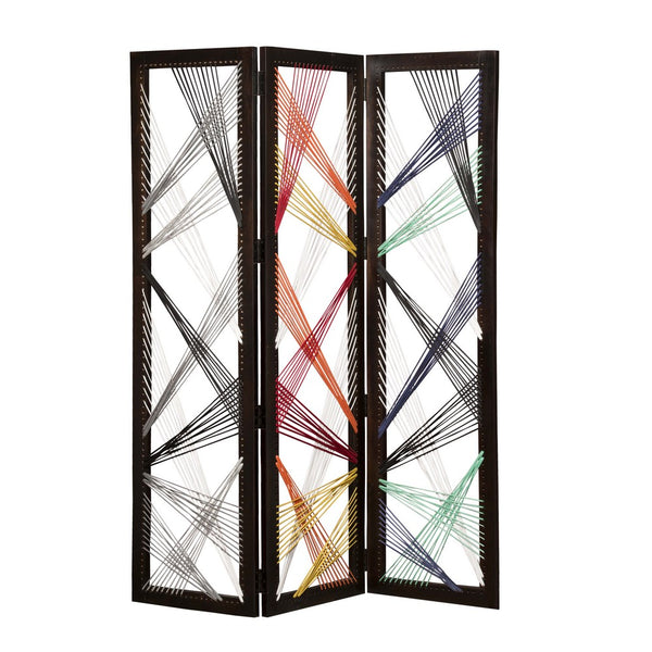 Contemporary 3 Panel Wooden Screen with Woven String Design, Multicolor - BM205868