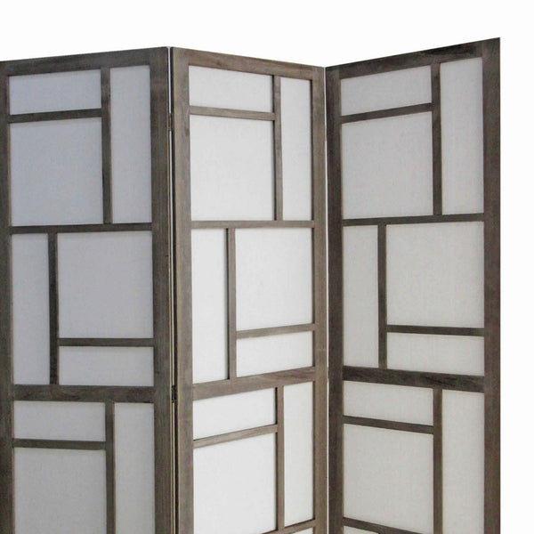 Contemporary 3 Panel Wooden Screen with Geometrical Designs, Gray - BM205870