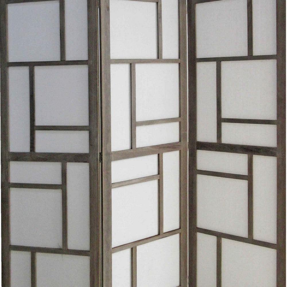 Contemporary 3 Panel Wooden Screen with Geometrical Designs, Gray - BM205870