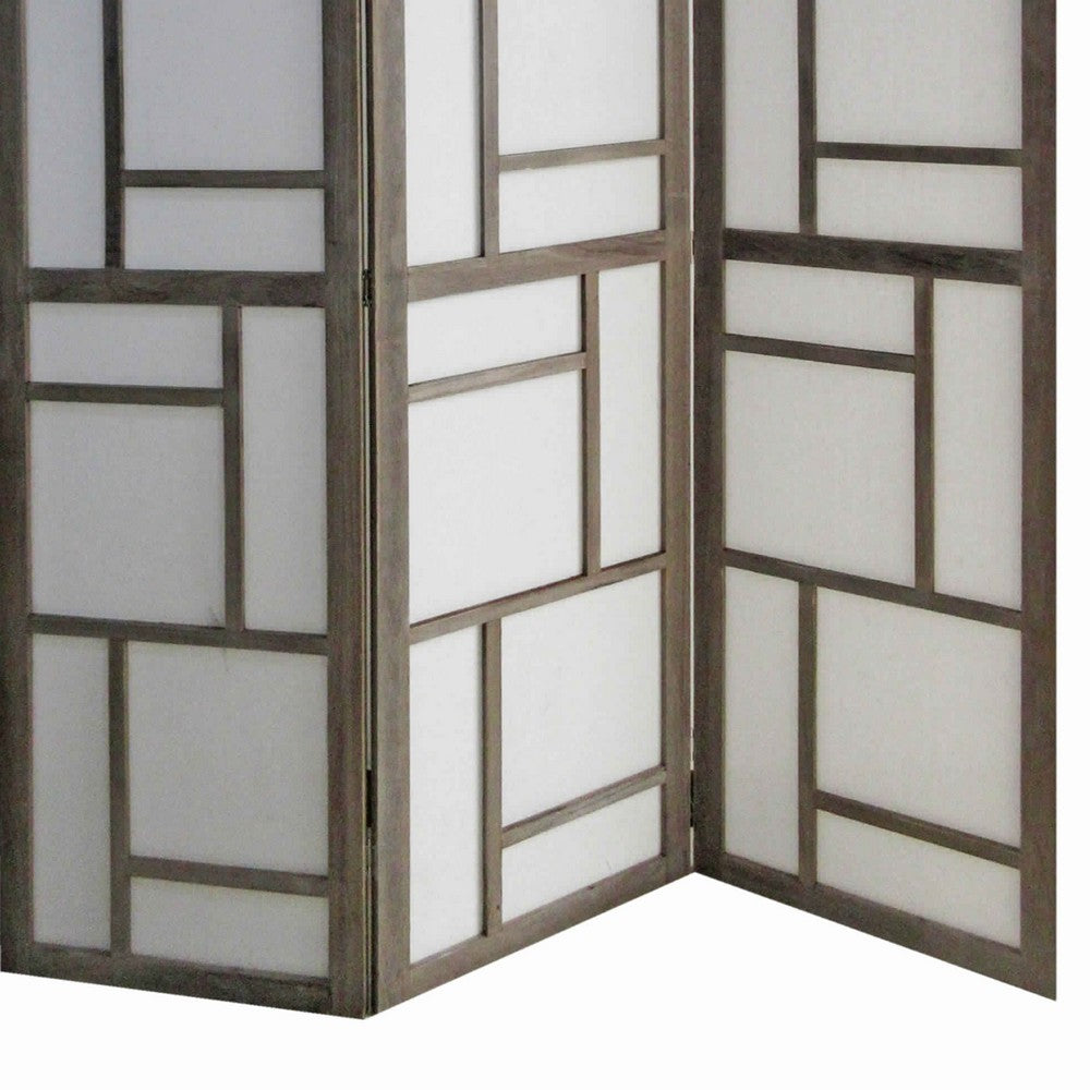 Contemporary 3 Panel Wooden Screen with Geometrical Designs, Gray - BM205870