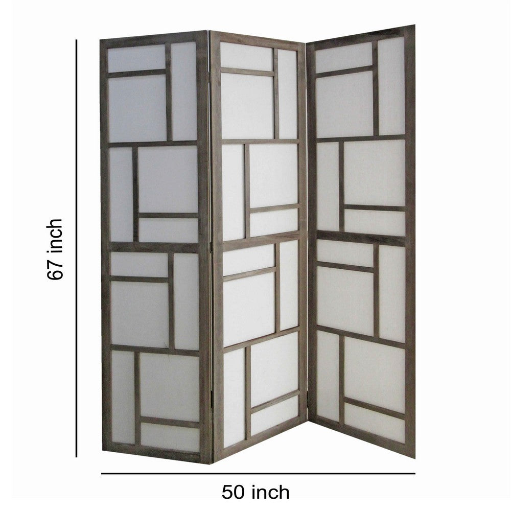 Contemporary 3 Panel Wooden Screen with Geometrical Designs, Gray - BM205870