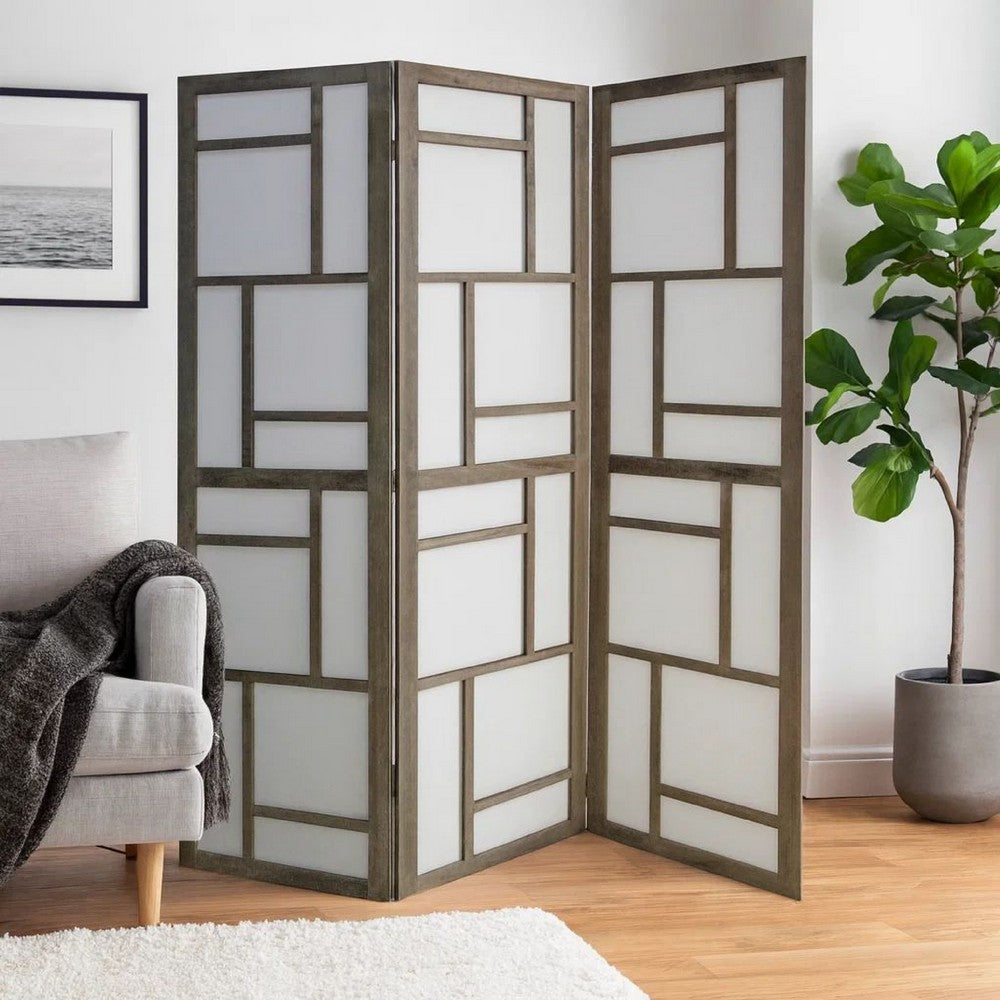 Contemporary 3 Panel Wooden Screen with Geometrical Designs, Gray - BM205870