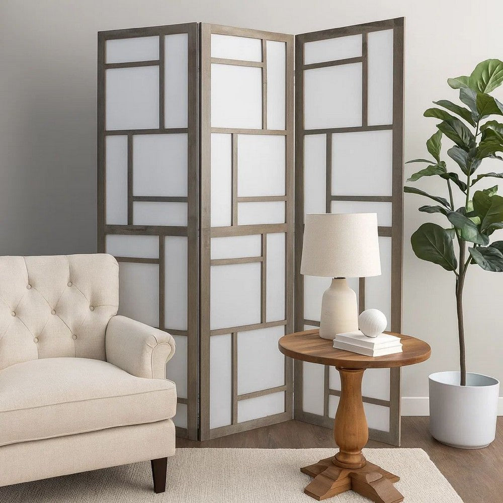 Contemporary 3 Panel Wooden Screen with Geometrical Designs, Gray - BM205870