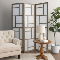 Contemporary 3 Panel Wooden Screen with Geometrical Designs, Gray - BM205870
