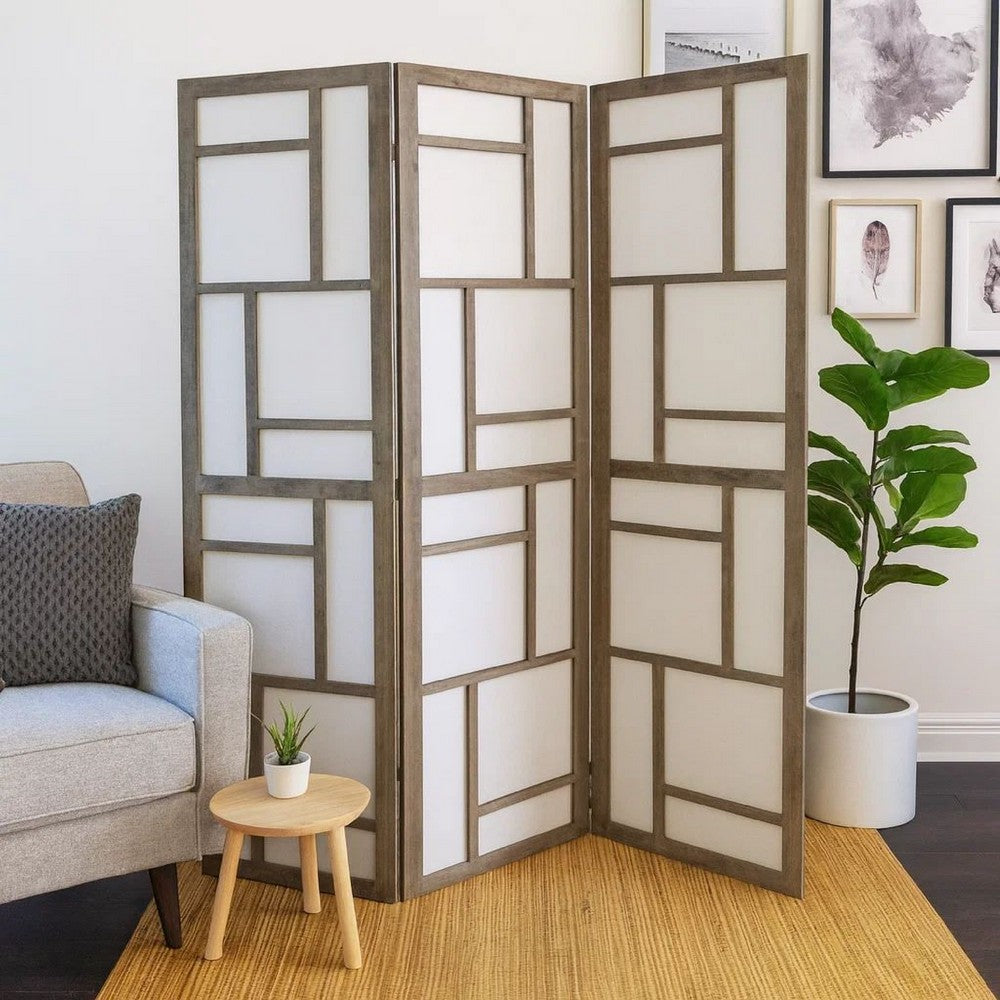 Contemporary 3 Panel Wooden Screen with Geometrical Designs, Gray - BM205870