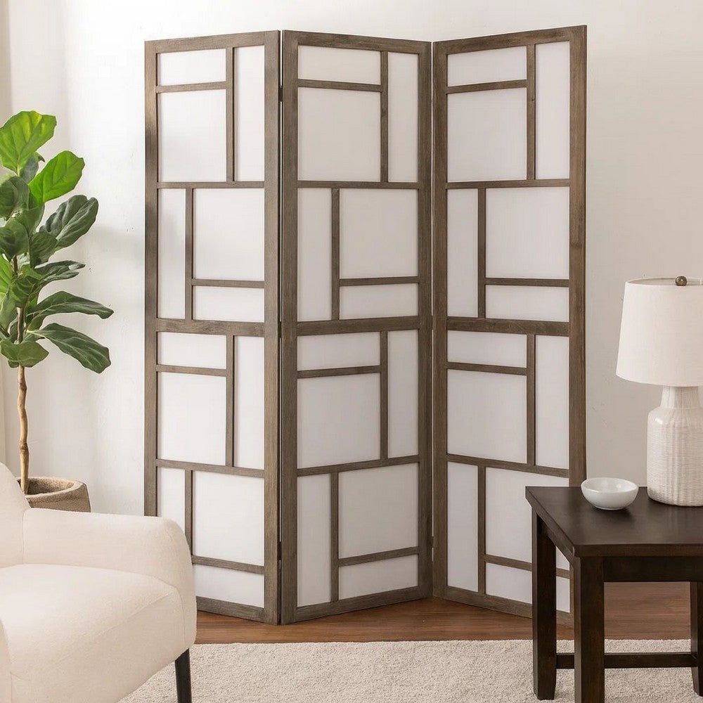 Contemporary 3 Panel Wooden Screen with Geometrical Designs, Gray - BM205870