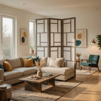 Contemporary 3 Panel Wooden Screen with Geometrical Designs, Gray - BM205870
