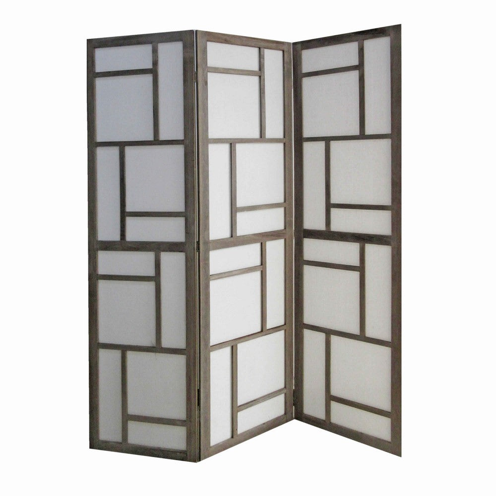Contemporary 3 Panel Wooden Screen with Geometrical Designs, Gray - BM205870