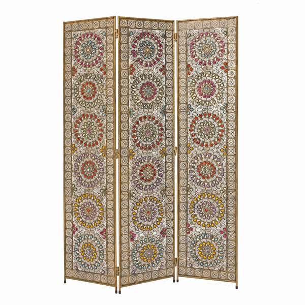 Royal 3 Panel Metal Screen with Decorated Gem Design, Multicolor - BM205875