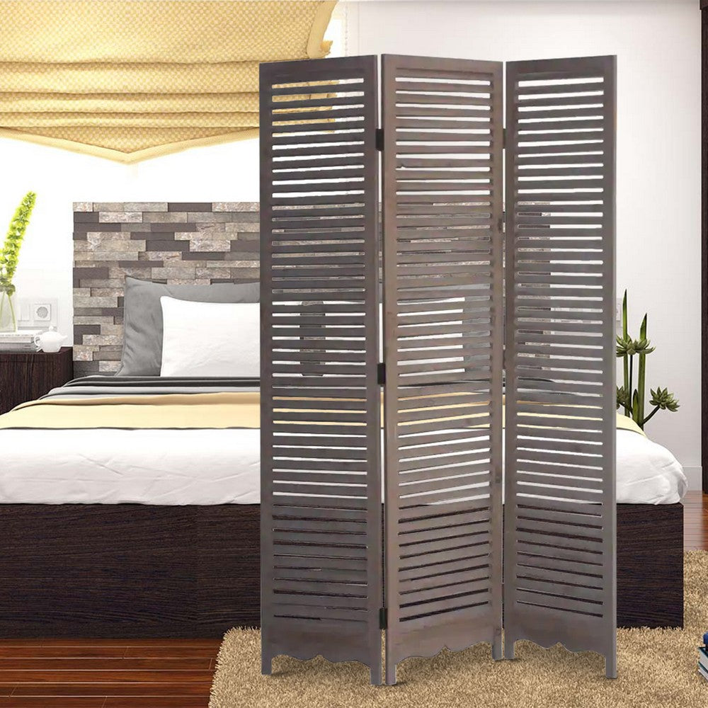 Minimal Wooden Screen with 3 Panels and Shutter Design, Brown - BM205876