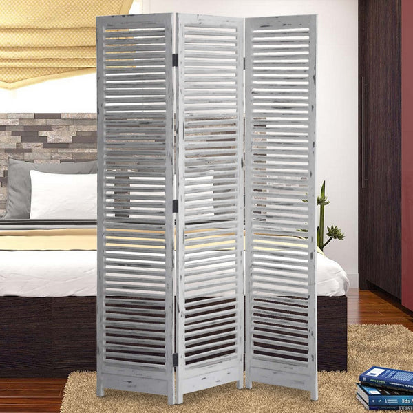 Minimal Wooden Screen with 3 Panels and Shutter Design, White - BM205877