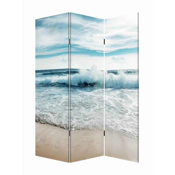 Foldable Canvas Screen with Ocean Shore Print and 3 Panels, Multicolor - BM205888