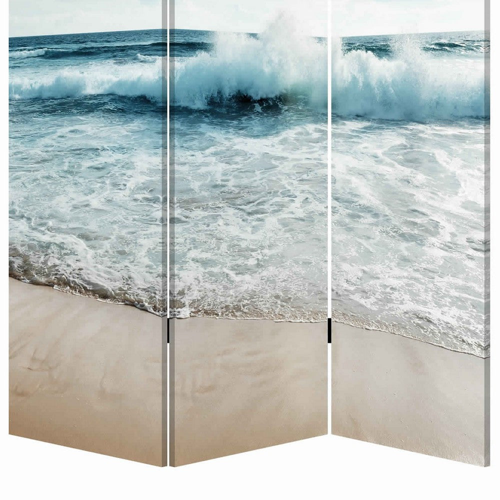 Foldable Canvas Screen with Ocean Shore Print and 3 Panels, Multicolor - BM205888