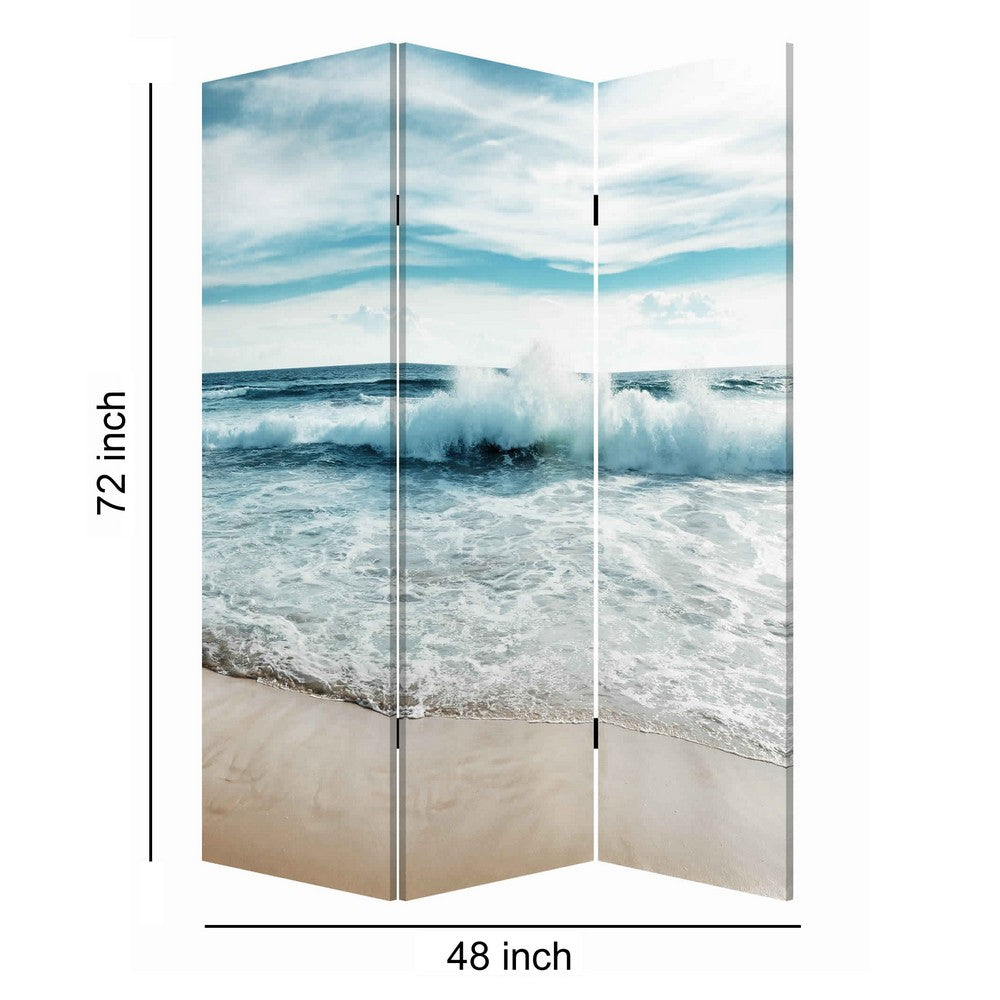Foldable Canvas Screen with Ocean Shore Print and 3 Panels, Multicolor - BM205888