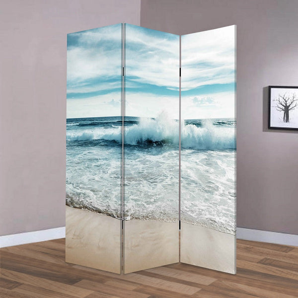 Foldable Canvas Screen with Ocean Shore Print and 3 Panels, Multicolor - BM205888