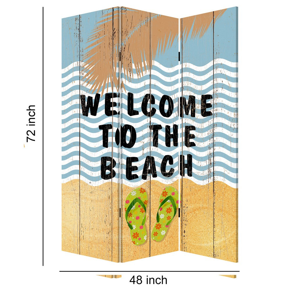 Foldable Canvas Screen with Beach Print and 3 Panels, Multicolor - BM205889