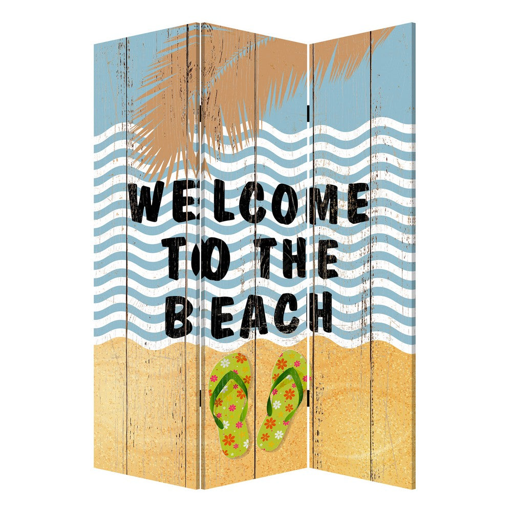 Foldable Canvas Screen with Beach Print and 3 Panels, Multicolor - BM205889
