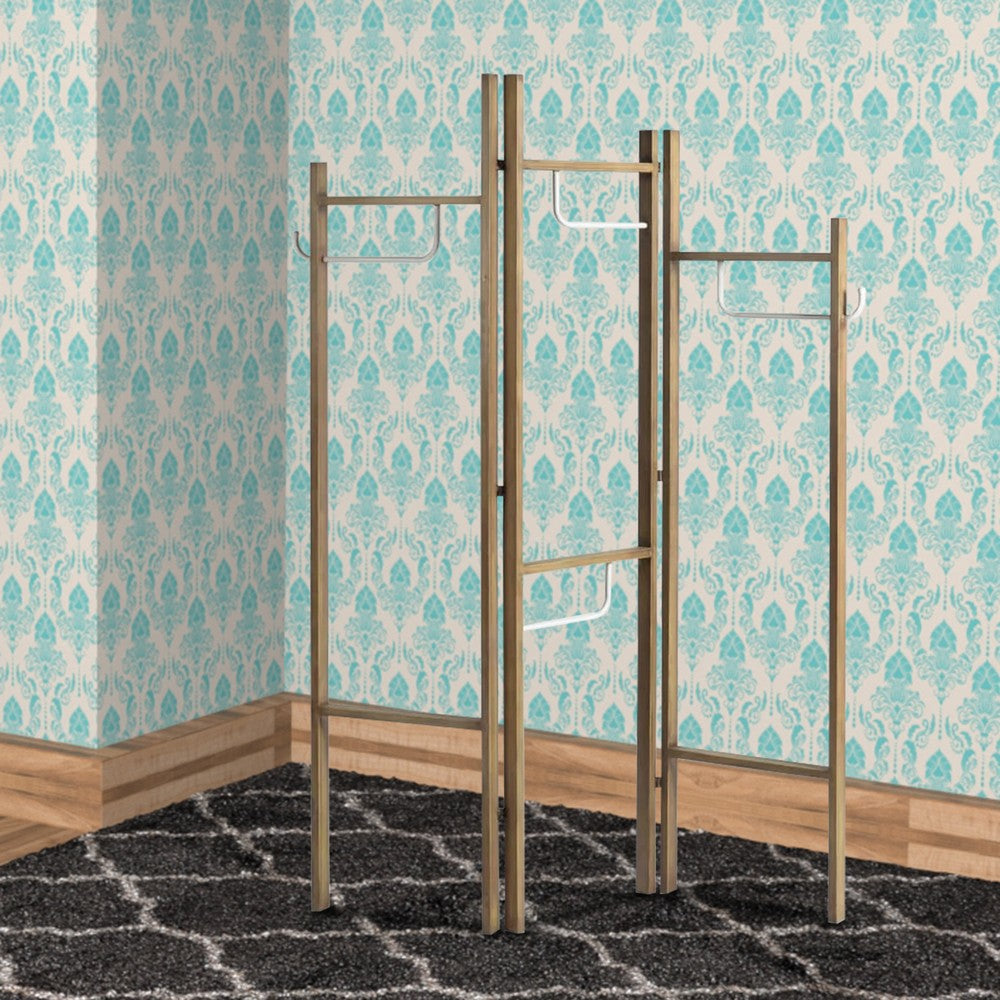 Modern Style 3 Panel Metal Screen with Hooks and Rod Hangings, Brown - BM205891