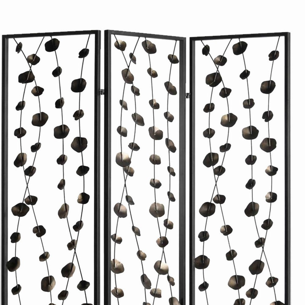 Transitional 3 Panel Metal Screen with Intricate Flower Design, Black - BM205892