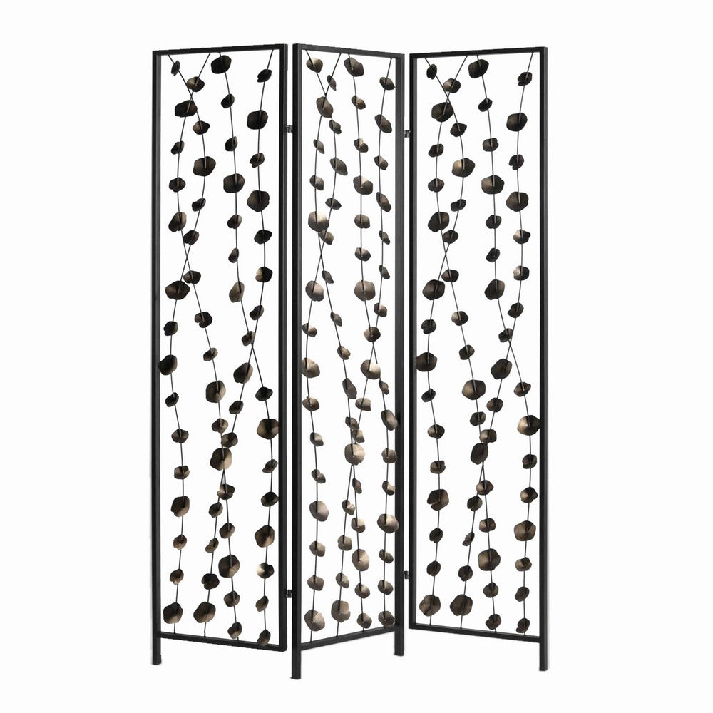 Transitional 3 Panel Metal Screen with Intricate Flower Design, Black - BM205892