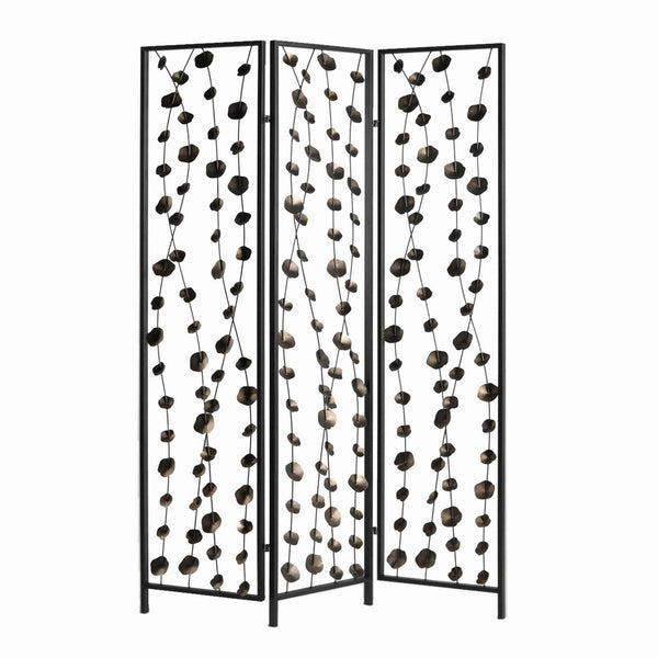 Transitional 3 Panel Metal Screen with Intricate Flower Design, Black - BM205892