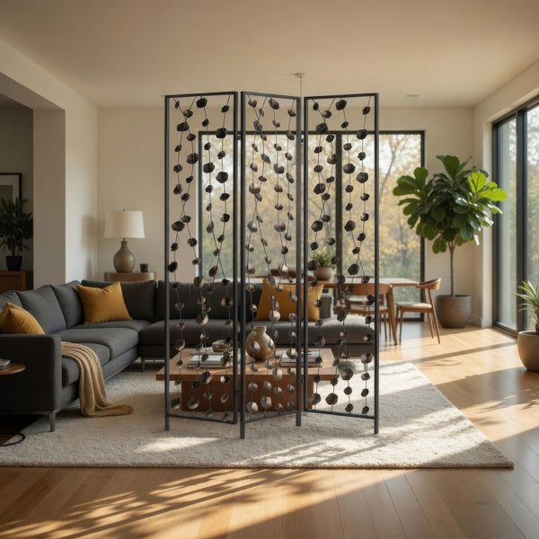 Transitional 3 Panel Metal Screen with Intricate Flower Design, Black - BM205892