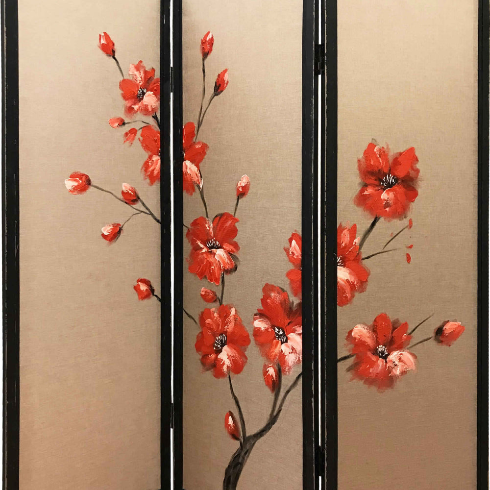 3 Panel Wooden Screen with Hand painted Fabric Design, Red and Brown - BM205894