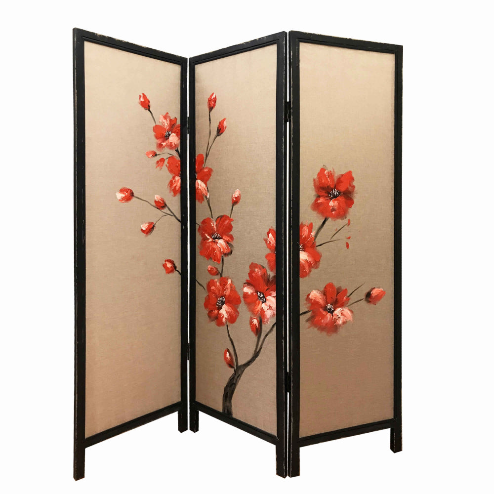 3 Panel Wooden Screen with Hand painted Fabric Design, Red and Brown - BM205894