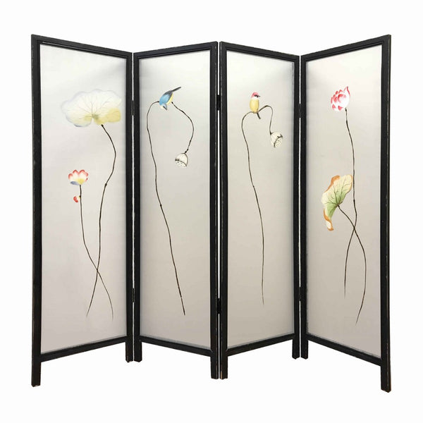 4 Panel Wooden Screen with Hand painted Fabric Design, Brown & Beige - BM205895