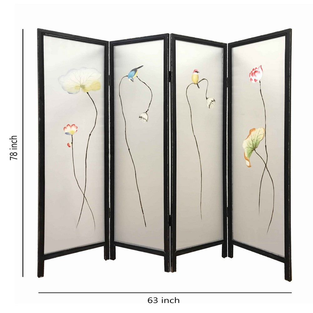 4 Panel Wooden Screen with Hand painted Fabric Design, Brown & Beige - BM205895