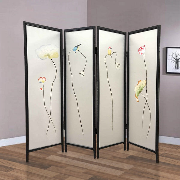 4 Panel Wooden Screen with Hand painted Fabric Design, Brown & Beige - BM205895