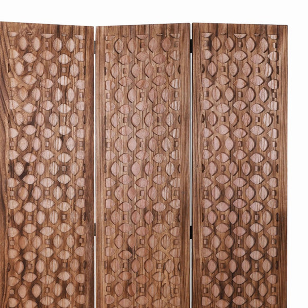 3 Panel Transitional Wooden Screen with Leaf Like Carvings, Brown - BM205896