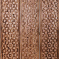 3 Panel Transitional Wooden Screen with Leaf Like Carvings, Brown - BM205896