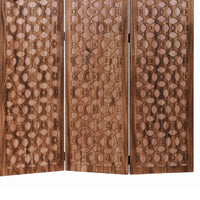 3 Panel Transitional Wooden Screen with Leaf Like Carvings, Brown - BM205896