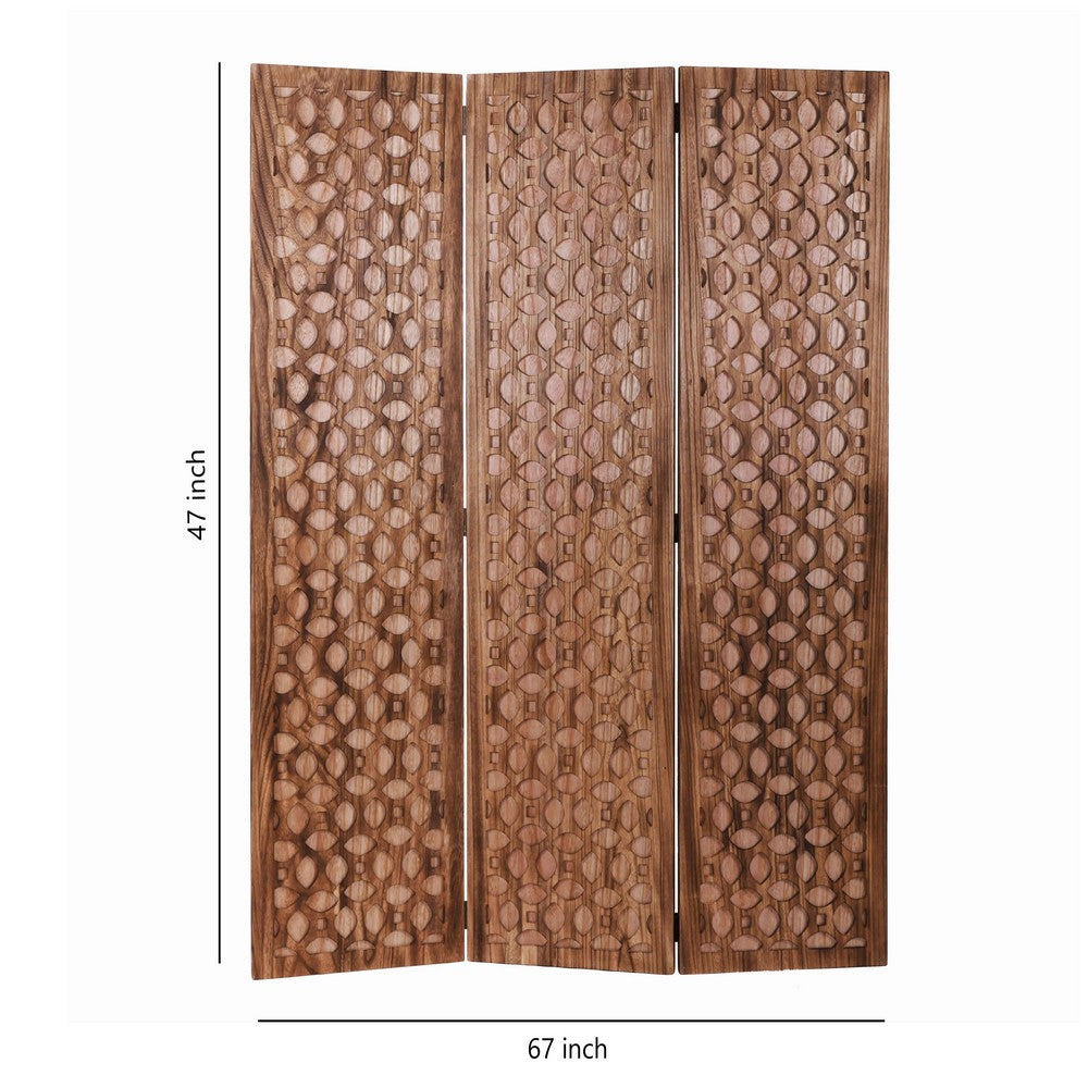 3 Panel Transitional Wooden Screen with Leaf Like Carvings, Brown - BM205896